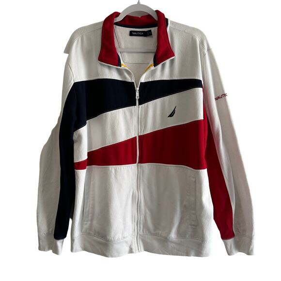 Nautica Other - Nautica Men's White Track Zip Up Jacket Blue Red Stripe Pockets Size XL